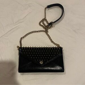 Rebecca Minkoff Black Leather Studded Clutch with Gold Chain